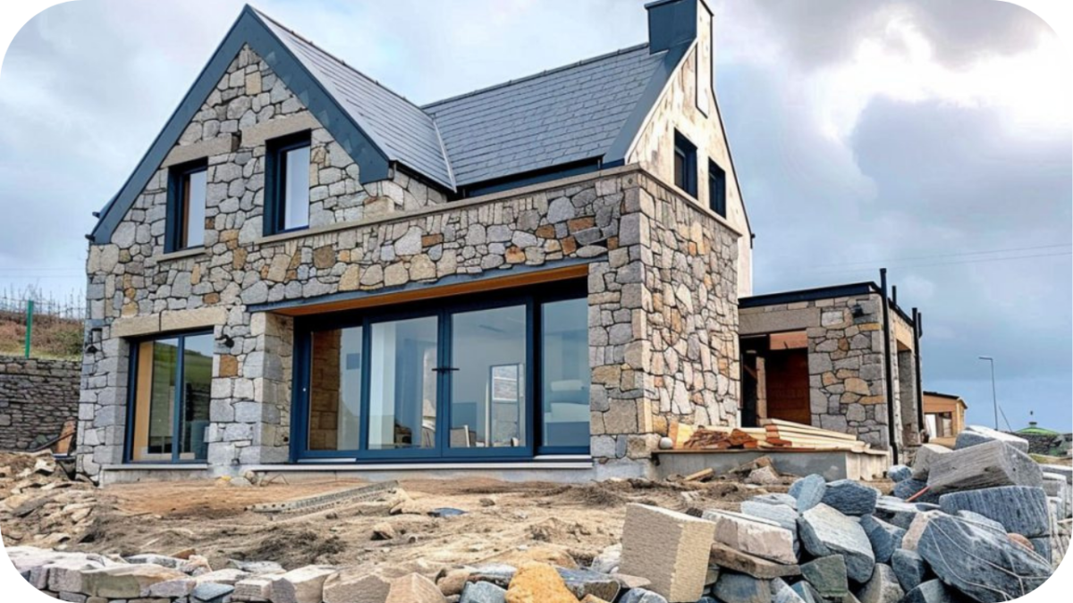 Rustic sandstone cladding on modern home with warm earthy tones and natural stone textures