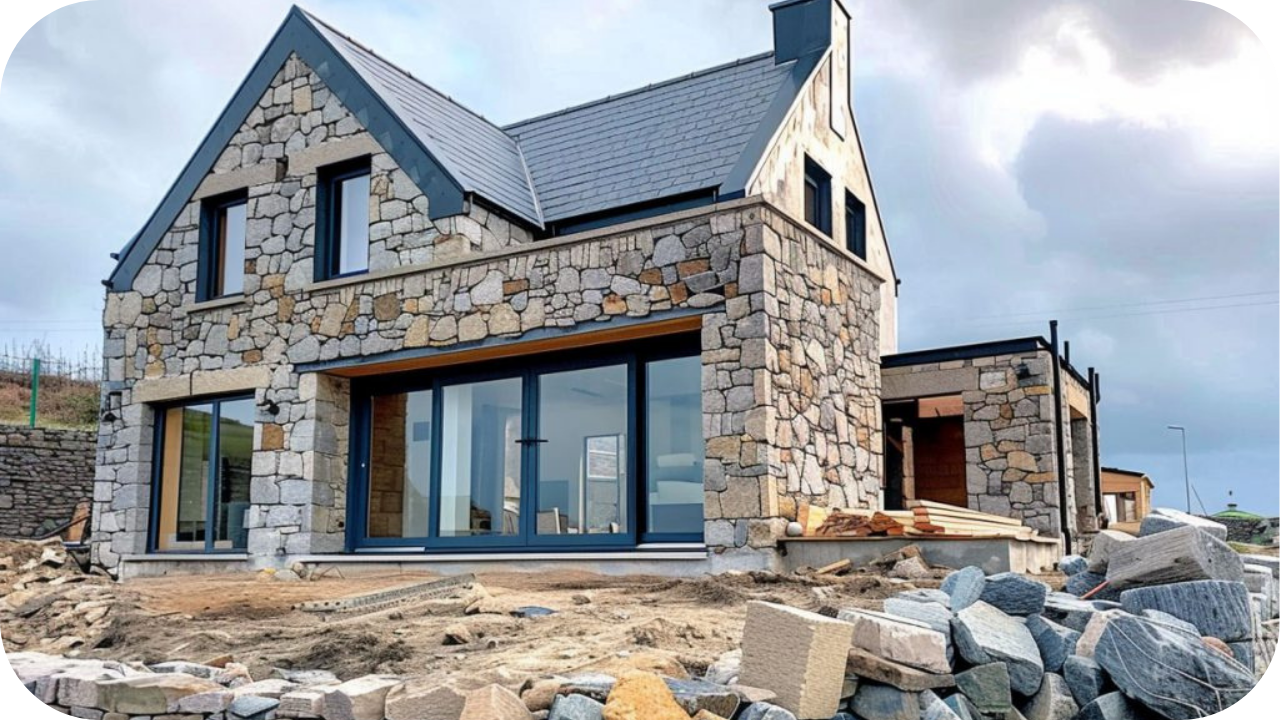Rustic sandstone cladding on modern home with warm earthy tones and natural stone textures