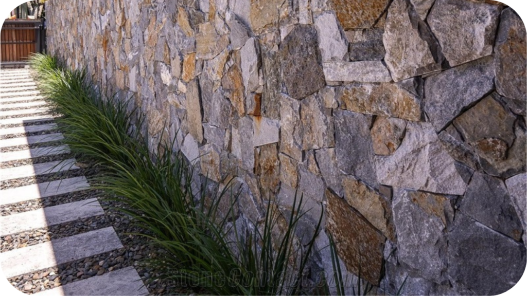 Rustic stone wall running along a narrow path, lined with lush green grasses and stepping pavers between small pebbles.