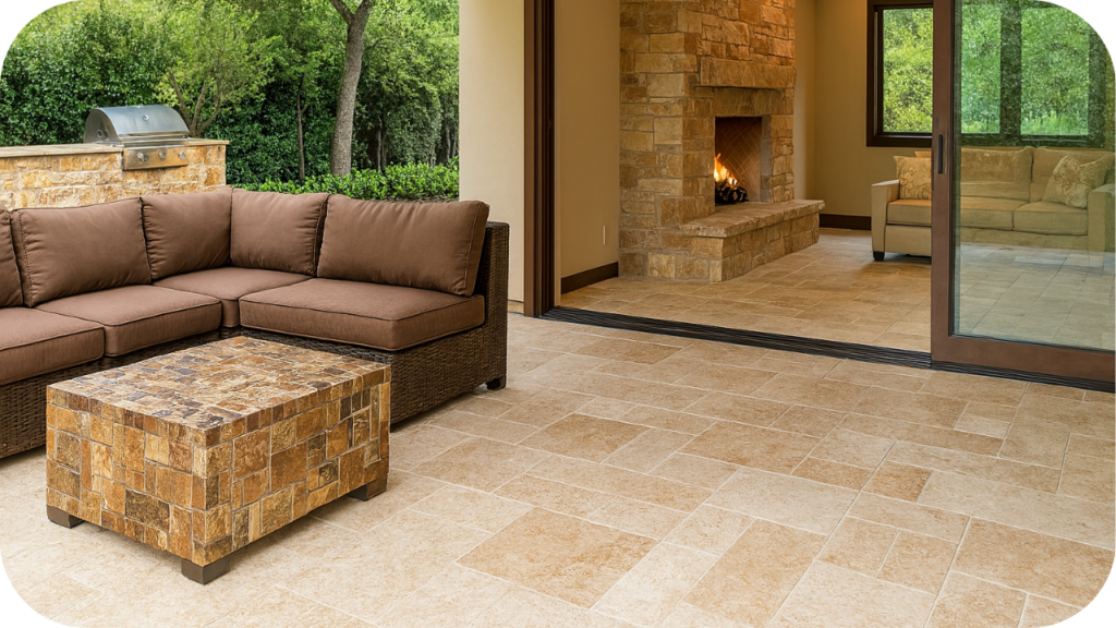 Outdoor patio with beige stone tiles, rattan sofa and mosaic coffee table, opening into a warm living area with stone fireplace.