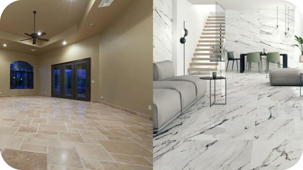 Spacious room featuring travertine flooring on the left and a modern living area with marble flooring on the right for comparison.