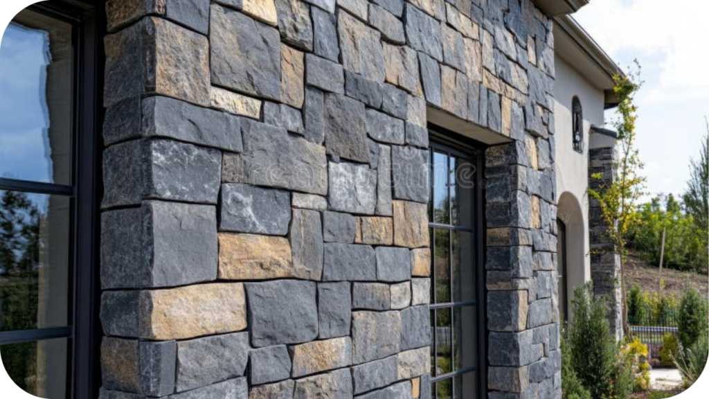 Exterior stone cladding detail in grey and tan hues framing windows, adding depth, strength, and timeless appeal to modern architecture.