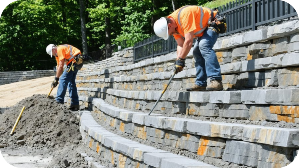 Two workers in safety gear building tiered stone retaining walls, showcasing skilled craftsmanship for long-lasting landscaping.