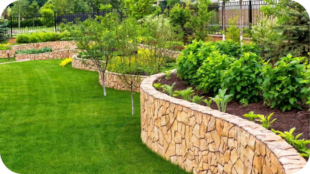 Curved sandstone retaining walls framing garden beds with lush shrubs and trees, enhancing the durability of the lawn landscape.