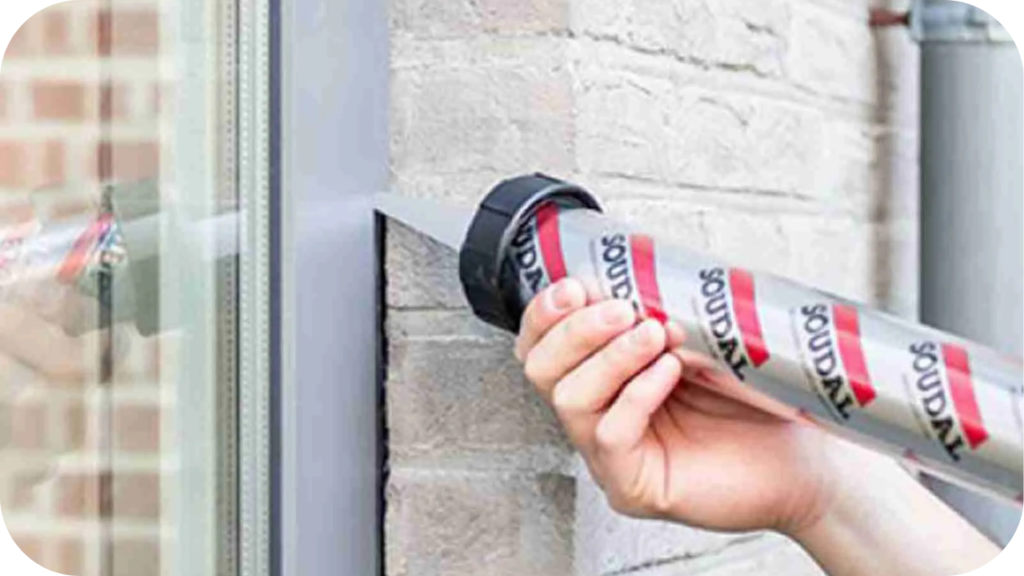 Hand applying sealant around a window frame set in Ashbury brick wall, ensuring durability and clean finish for contemporary wall designs.