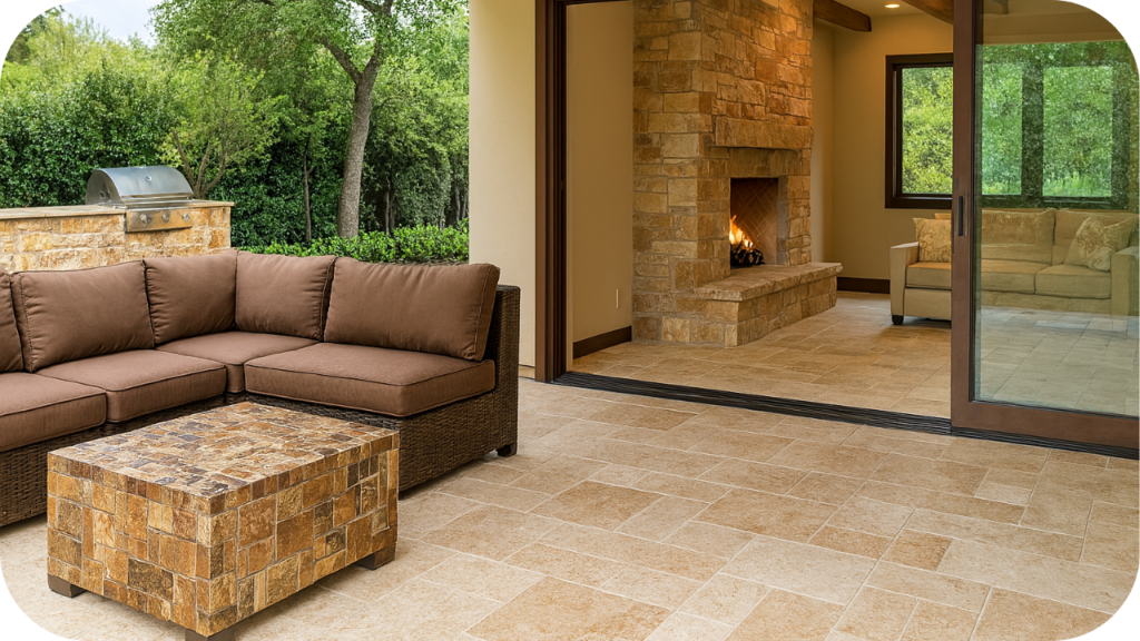 Covered patio with beige travertine tiles, rattan sofa, mosaic coffee table, and stone fireplace opening into a cozy indoor living room.