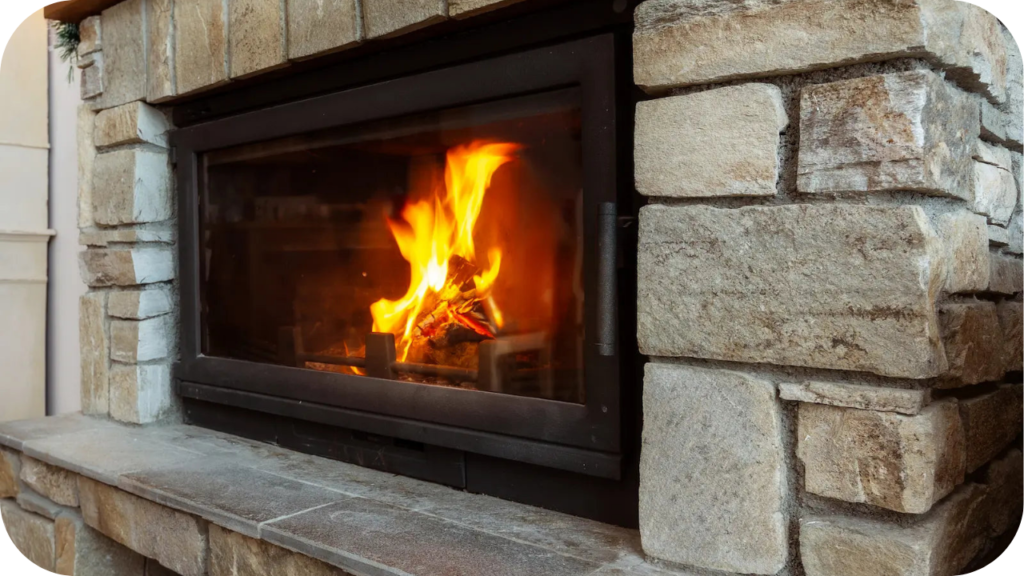 Rustic stone fireplace with glass-fronted insert glowing with fire, showcasing textured stonework and inviting indoor warmth.