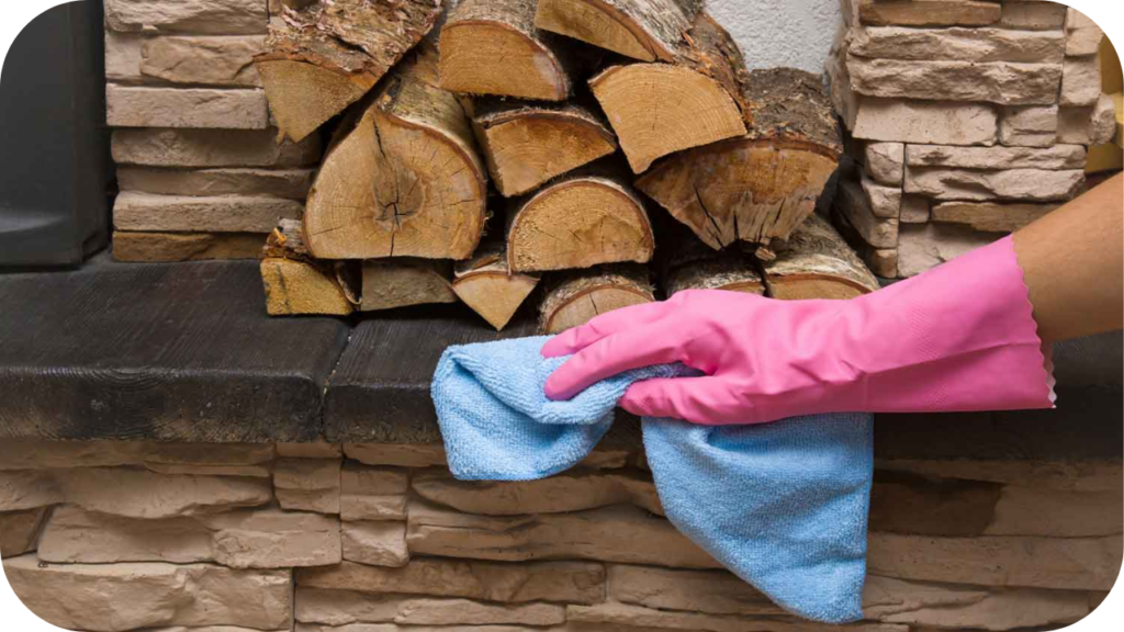 Hand in pink glove cleaning stacked stone fireplace ledge beside neatly arranged logs, highlighting care of natural stone.