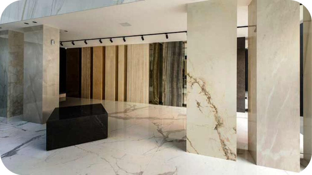 Showroom display of premium marble slabs in varied colours and finishes, demonstrating key considerations when choosing marble for Melbourne interiors.