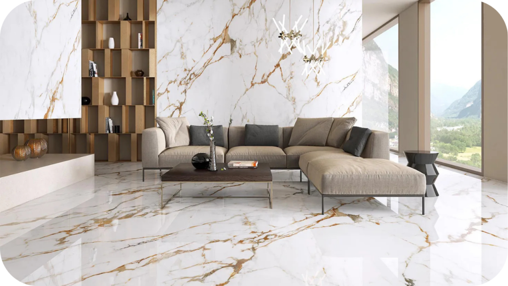 Spacious lounge with gold-veined marble flooring and feature wall, highlighting why choosing the right marble supplier in Melbourne ensures lasting interiors.