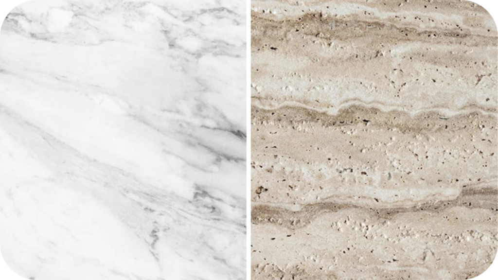 Close-up view showing marble with smooth veining on the left and travertine with natural earthy textures on the right for direct contrast.
