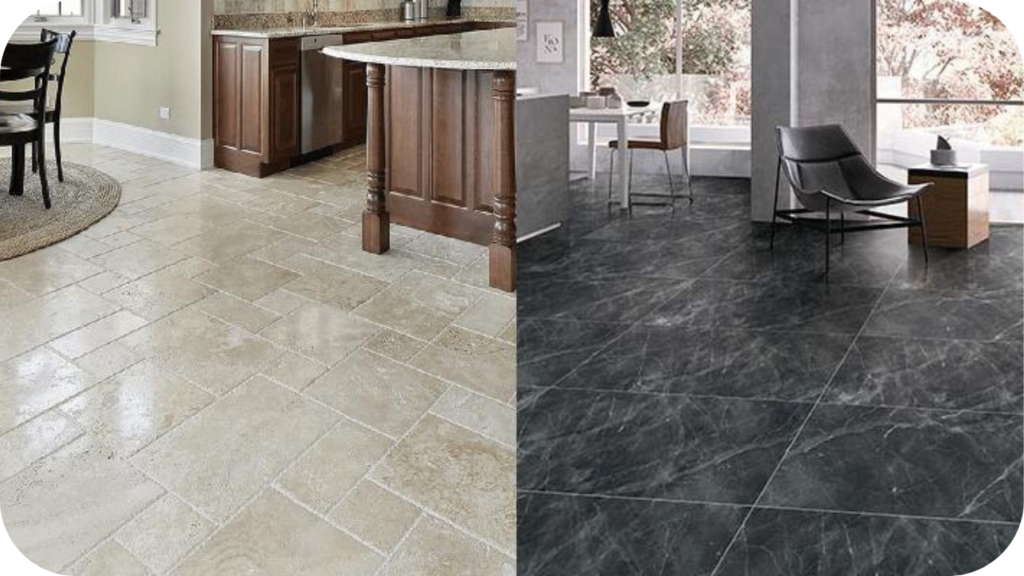 Kitchen with light travertine flooring on the left and a living space with sleek dark marble tiles on the right showing design versatility.