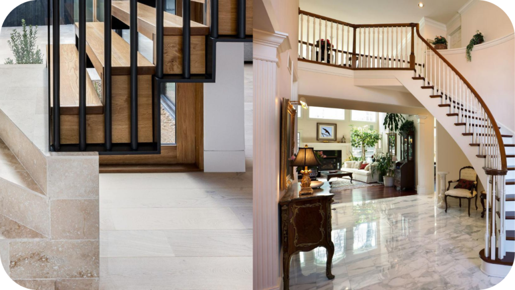Split image of a travertine staircase with warm beige tones and a marble staircase in a grand entryway, highlighting elegance and style.