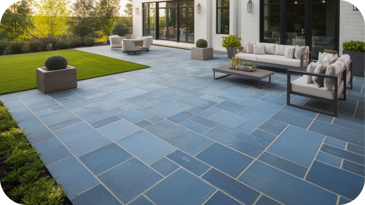Outdoor patio with modern furniture featuring sleek bluestone pavers, creating a durable and elegant entertaining space.