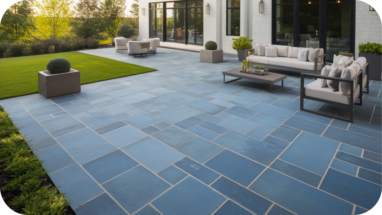Outdoor patio with modern furniture featuring sleek bluestone pavers, creating a durable and elegant entertaining space.