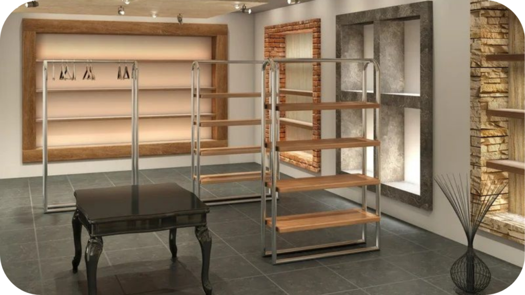 Interior design featuring exposed stone wall panels around wooden shelving, emphasising how stone enhances texture and visual warmth.