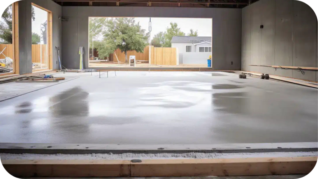 The interior of a room under construction, showing a new, perfectly smooth concrete floor with a glossy, wet finish.