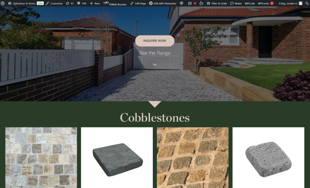 Screenshot of Splendour in Stone’s cobblestones page showing paving display, stone options, and outdoor driveway inspiration for Craigieburn projects.
