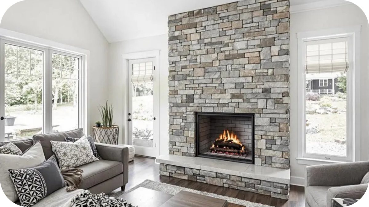 Tall stacked stone fireplace in a bright contemporary living room with cosy seating and natural light, creating a warm rustic focal point for the home.