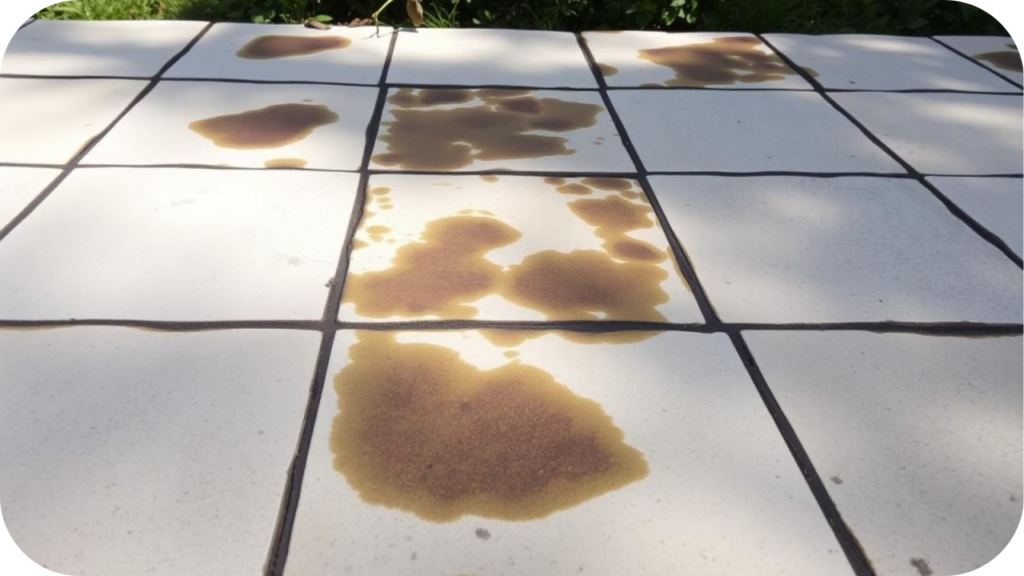 Outdoor limestone pavers covered with brown organic stains from fallen leaves, showing the need for regular cleaning and stain management in garden and patio areas.