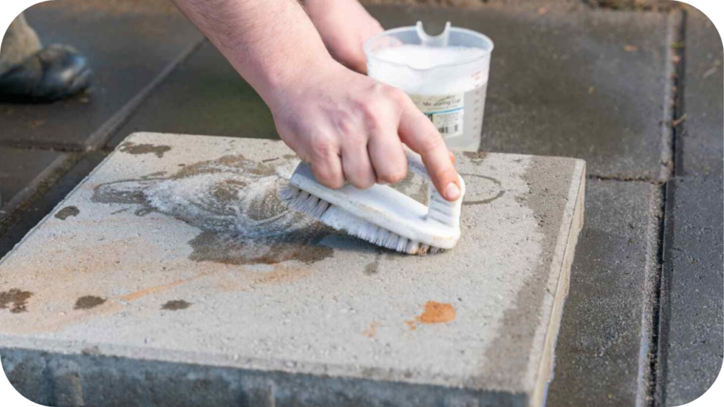 Hands scrubbing a limestone paver with a soft bristle brush and cleaner during a deep cleaning process to remove dirt and protect the stone’s natural finish.