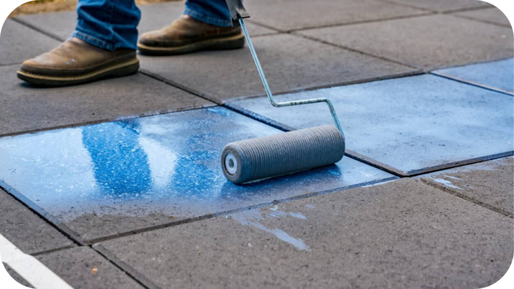 A roller applying sealer across dark outdoor pavers, creating a glossy protective layer that enhances colour and preserves the paved surface.