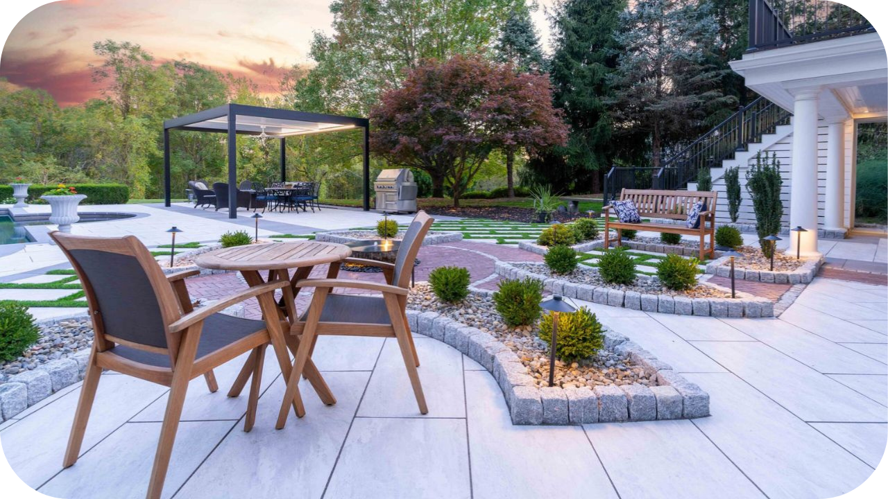 A landscaped outdoor area with natural stone paving, garden beds and seating, showing how natural stone materials elevate modern home design.